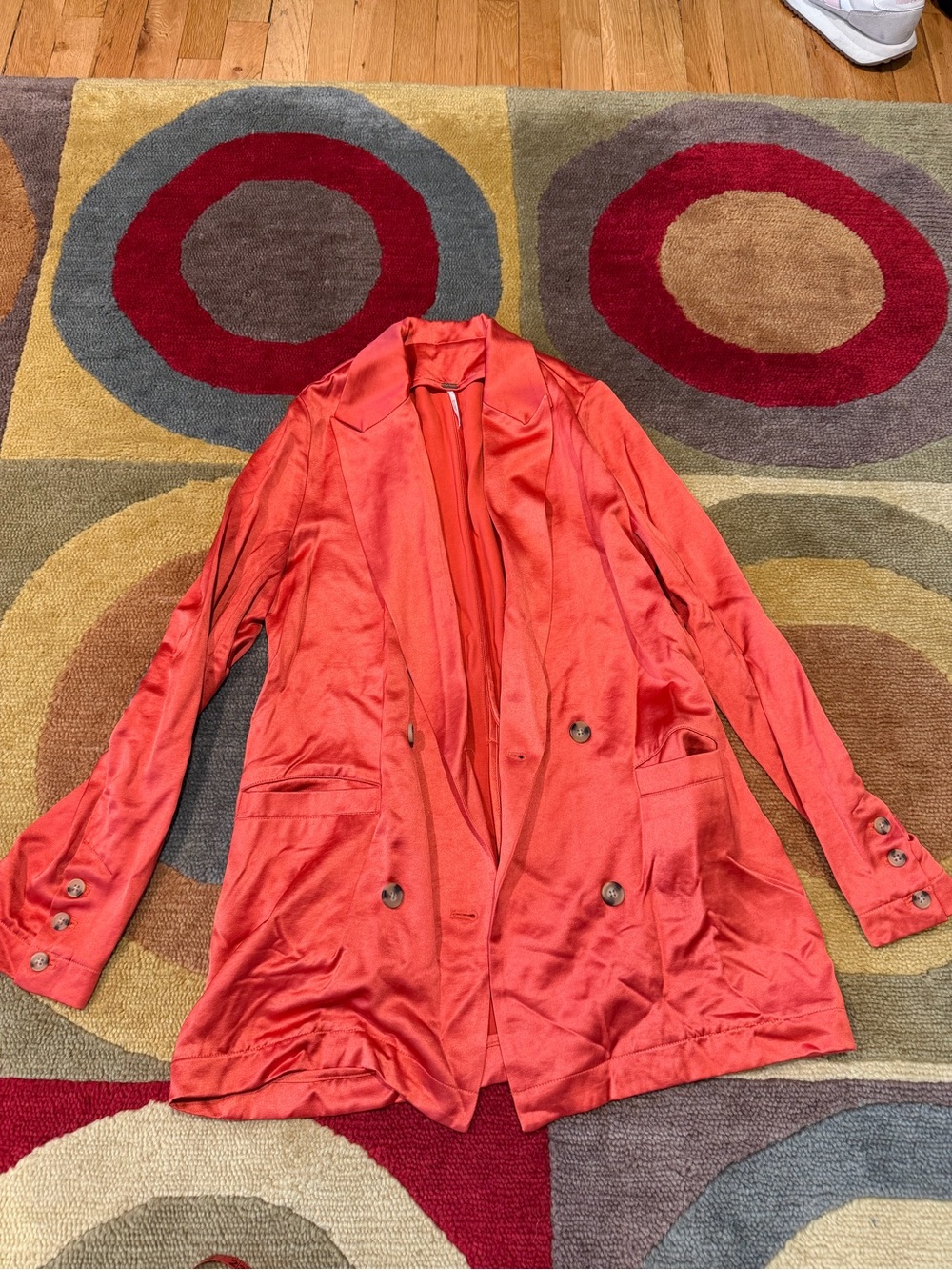 Free People Orange Shiny Satin Long Blazer Jacket Coat Women’s Size Small